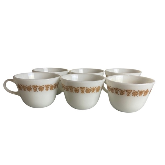 Vintage Corelle Pyrex Butterfly Gold White Glass Coffee Cups Mugs Set Of 6 USA - Picture 1 of 7